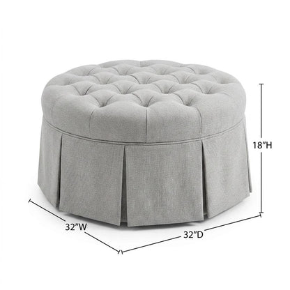 Light Blue Tufted Round Ottoman, Skirted Seat for Bedroom