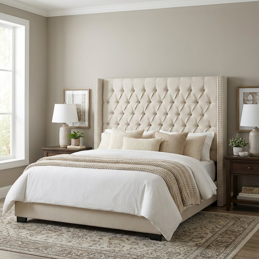 Beige Upholstery Headboard with Plywood Frame and Metal Legs Design