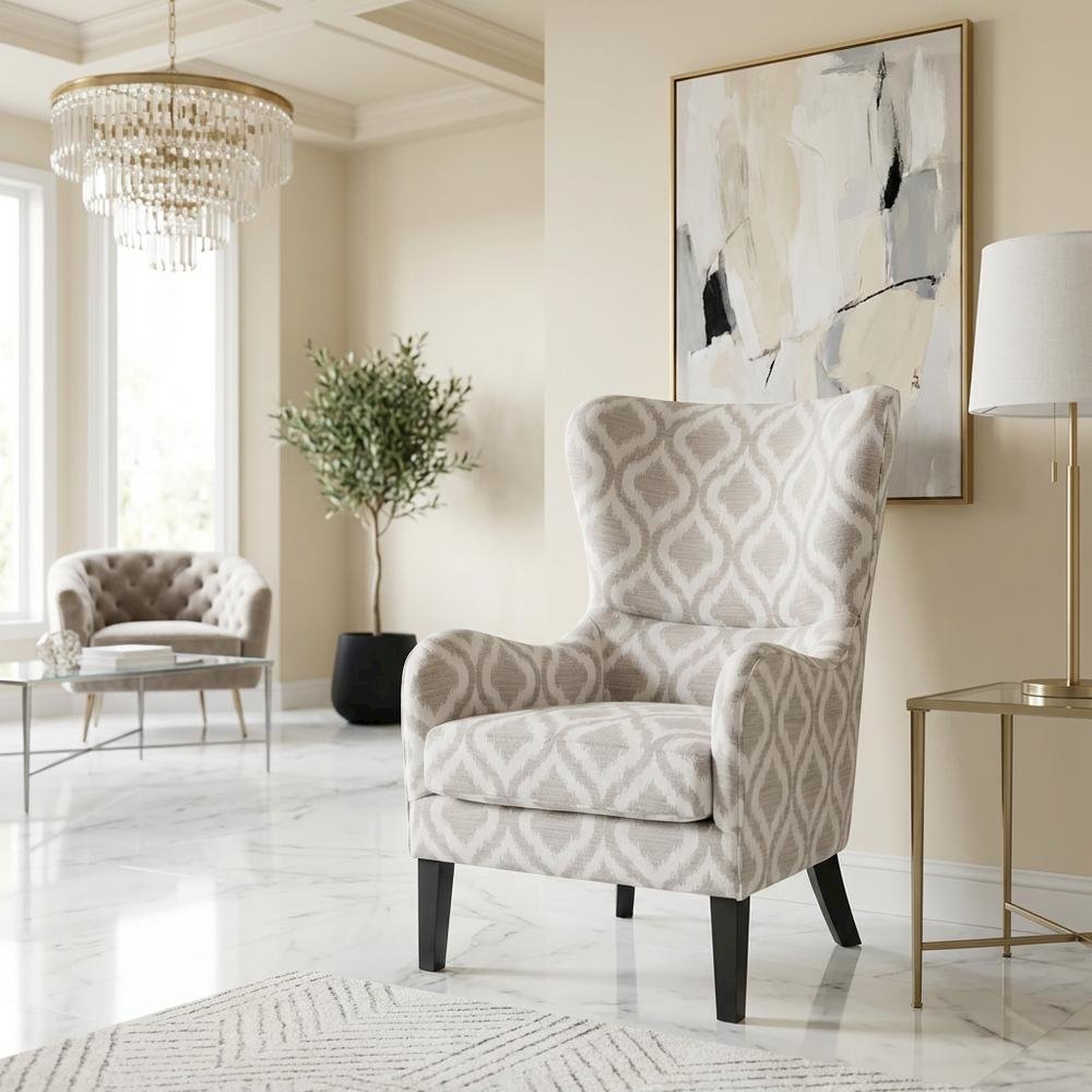 Grey Wingback Accent Chair with Arianna Pattern and Comfortable Design