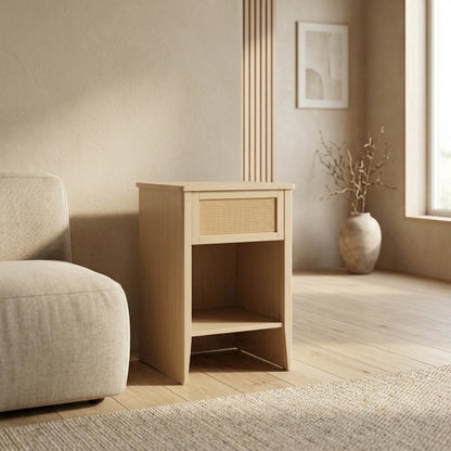 Rattan Accent Side Table with Drawer Storage and Open Shelf