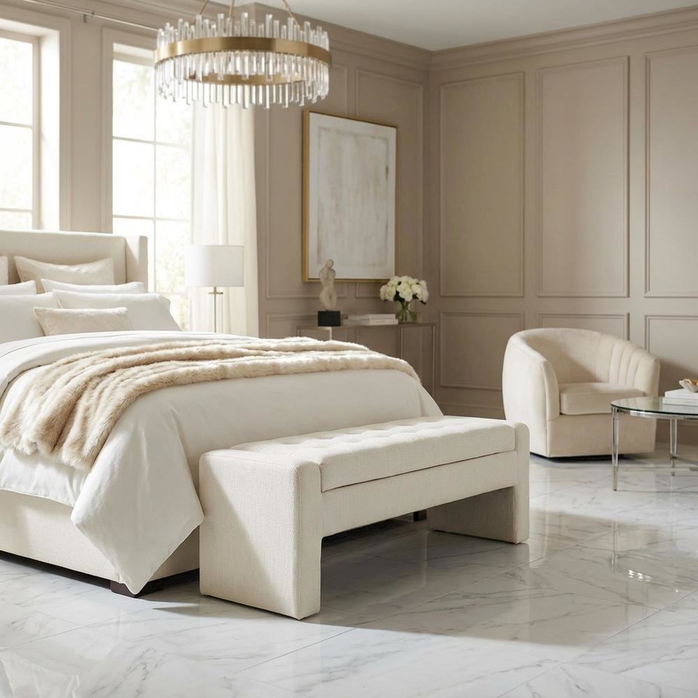 Beige Button-Tufted Storage Bench with Cushioned Top and Versatile Design
