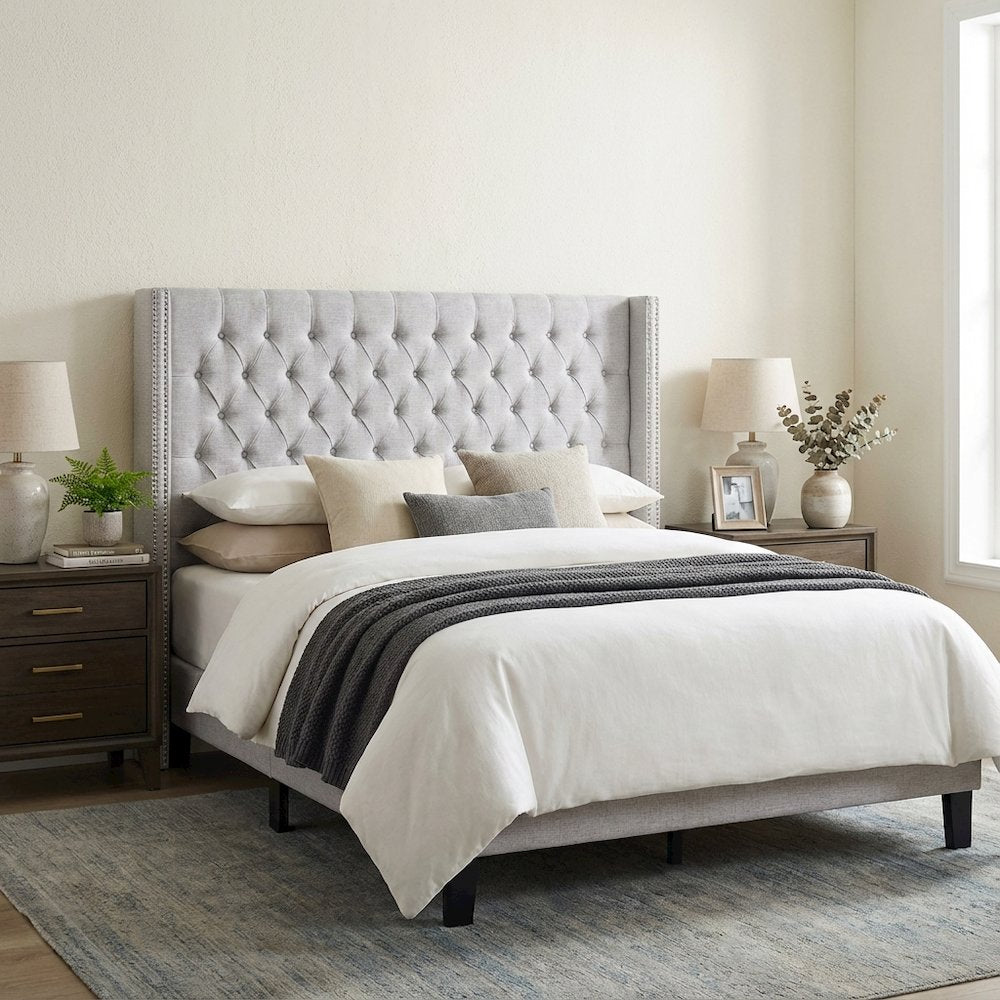 Gray Upholstery Headboard with Plywood Frame and Metal Legs for Bedroom