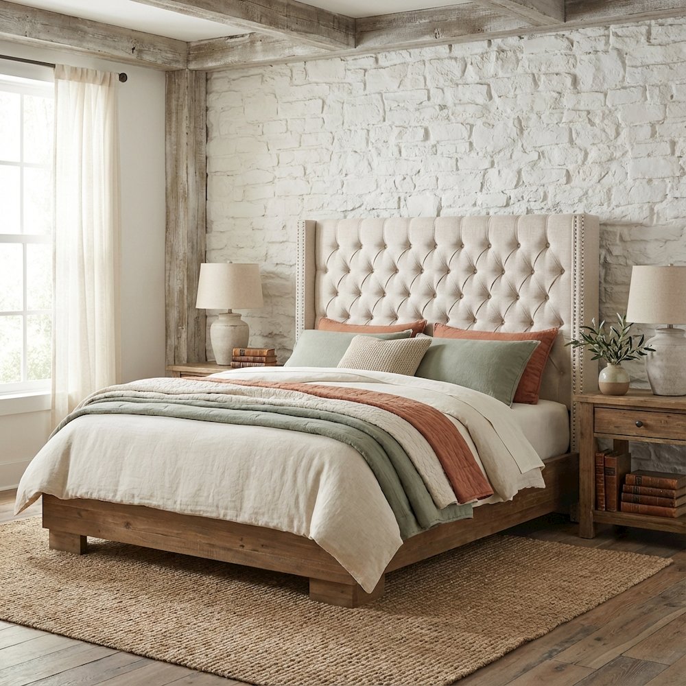 Beige Upholstered Headboard with Plywood Frame and Metal Legs for Bedroom