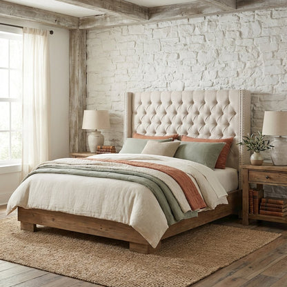 Beige Upholstered Headboard with Plywood Frame and Metal Legs for Bedroom