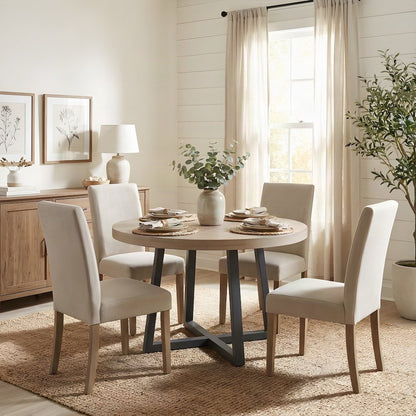 Round Dining Table with Wire-Brushed Mindi Top and Mahogany Base, Wheat/Navy