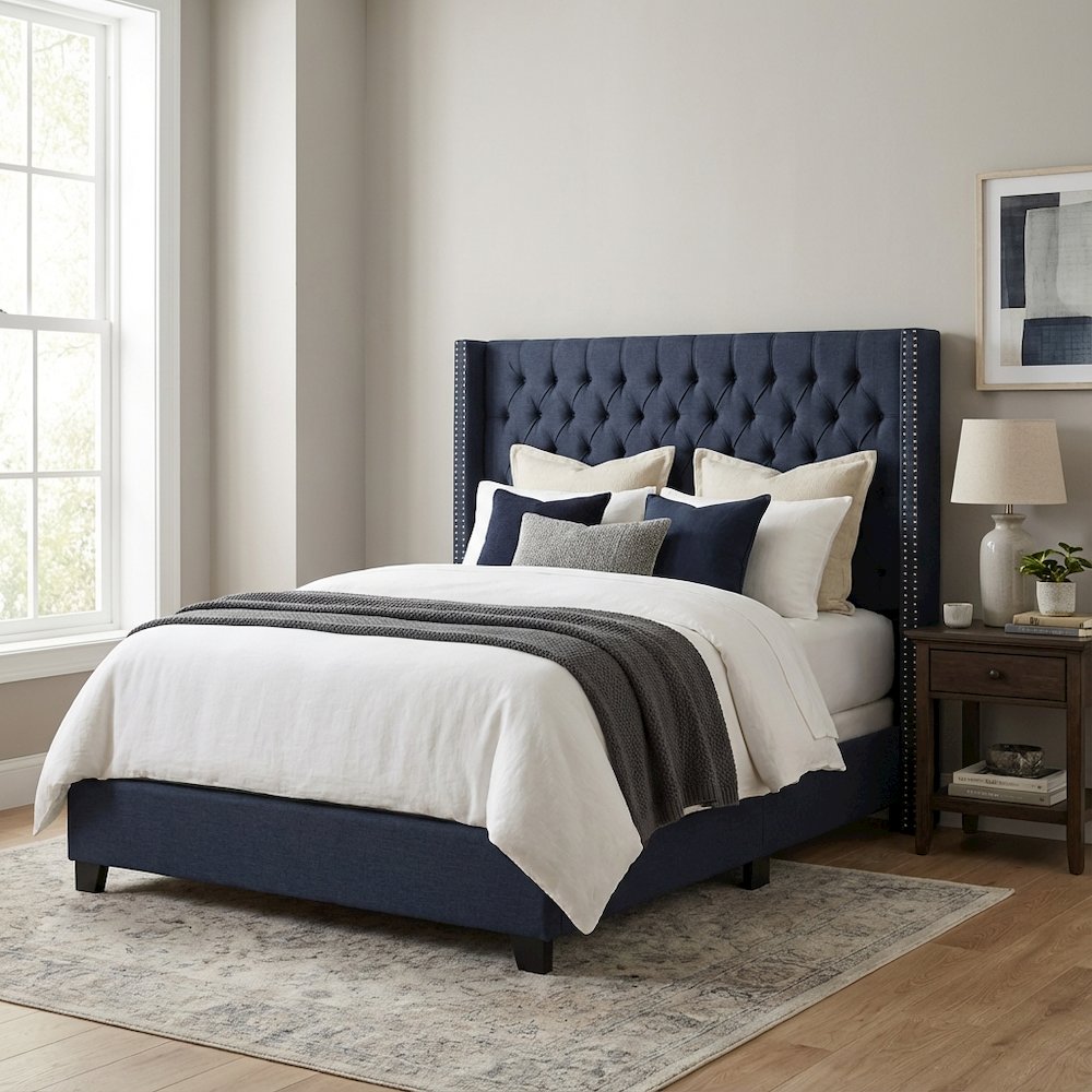 Blue Upholstered Headboard with Plywood Frame and Metal Legs for Bedroom