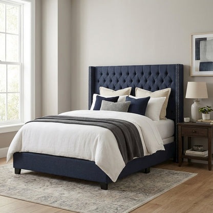 Blue Upholstered Headboard with Plywood Frame and Metal Legs for Bedroom