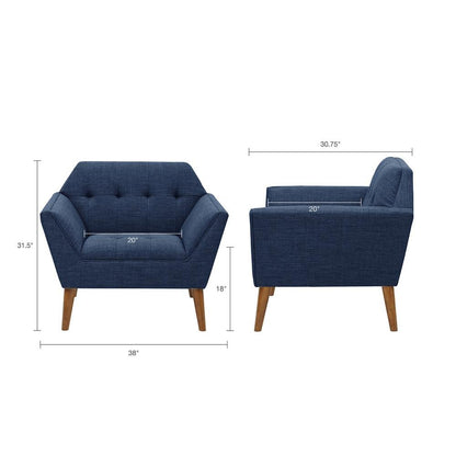 Blue Upholstered Accent Chair with Solid Wood Frame, Comfortable Armchair