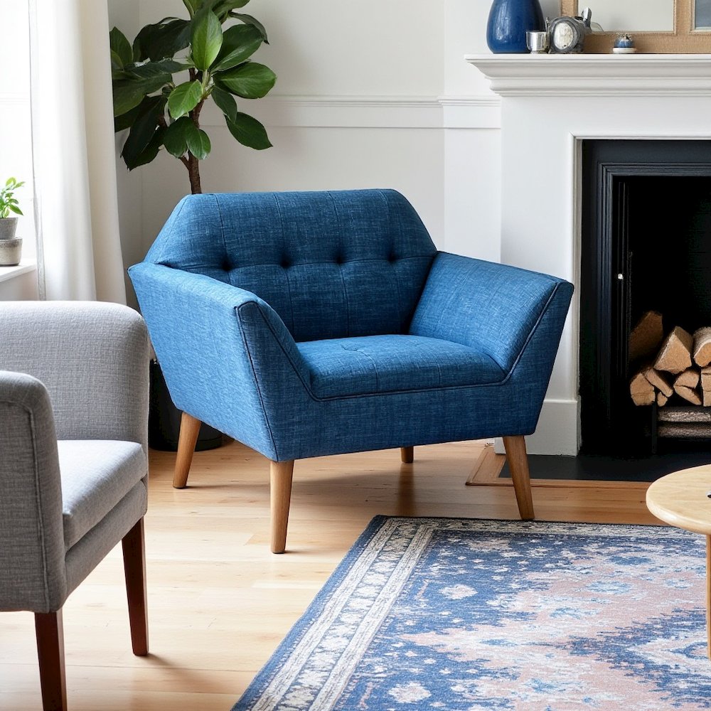 Blue Upholstered Accent Chair with Solid Wood Frame, Comfortable Armchair