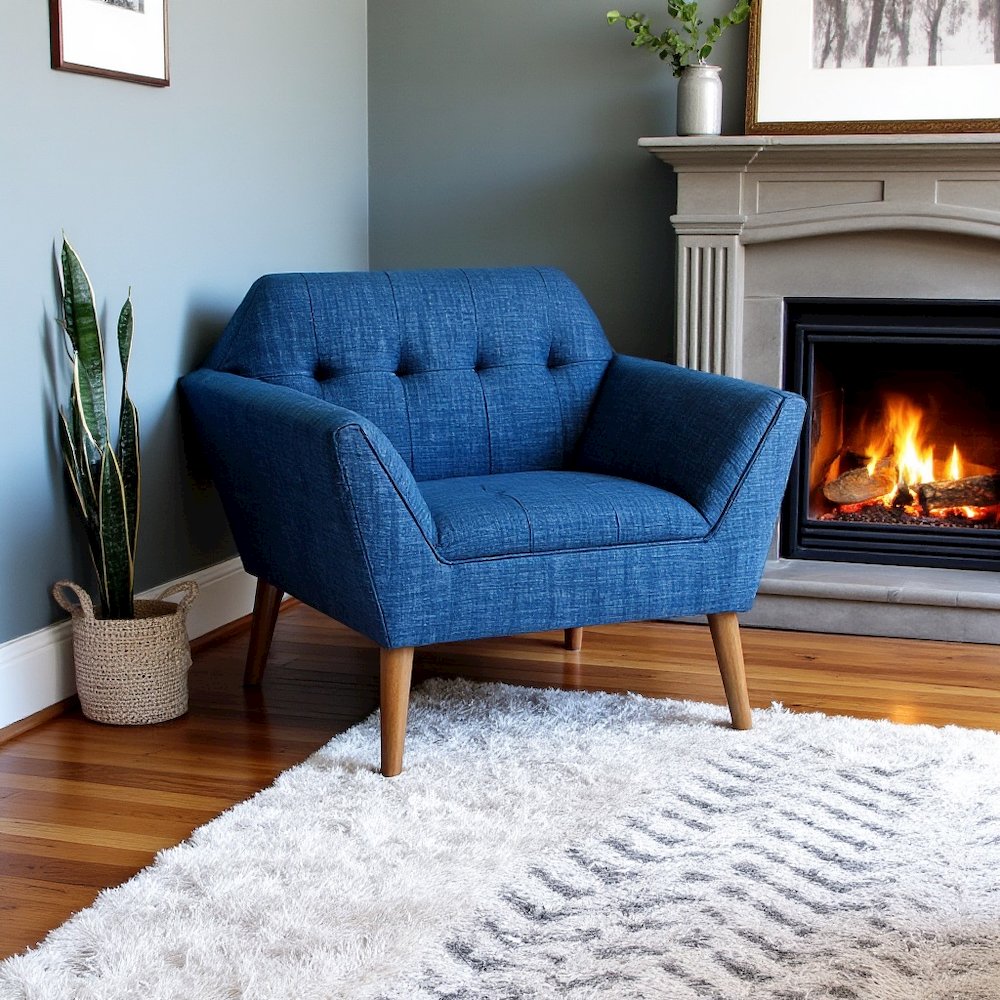 Blue Upholstered Accent Chair with Solid Wood Frame, Comfortable Armchair