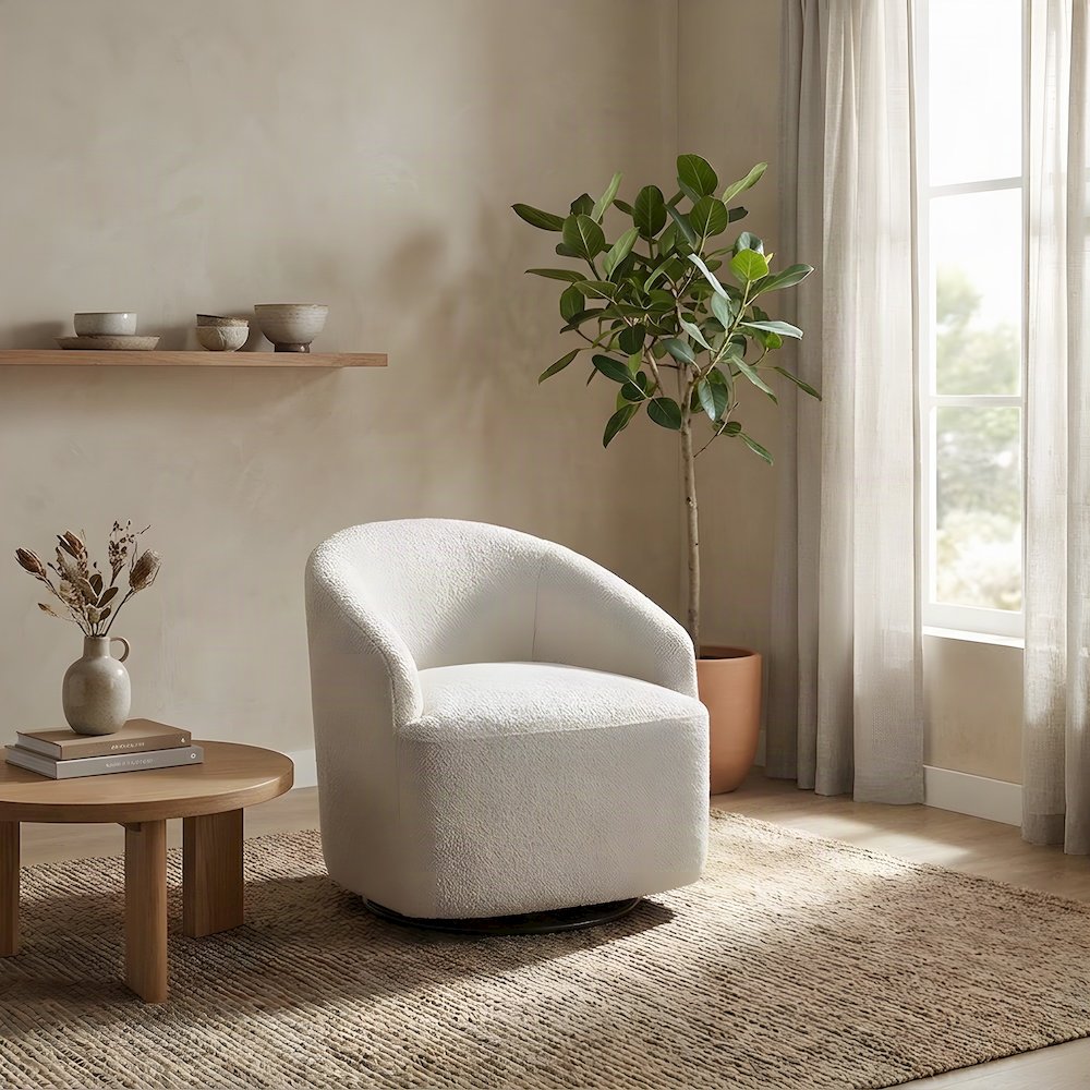 Upholstered Swivel Accent Chair with Solid Wood Frame, 360-Degree, Cream