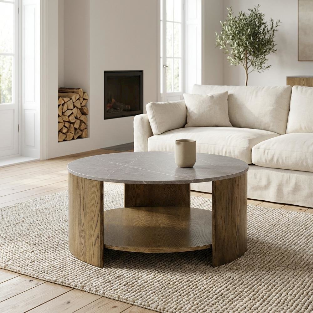 Brown Round Coffee Table with MDF and Marble Paper Top and Lower Shelf