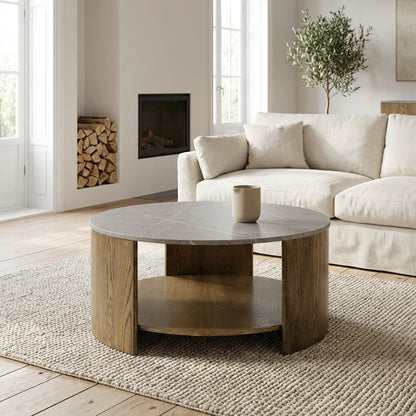 Brown Round Coffee Table with MDF and Marble Paper Top and Lower Shelf