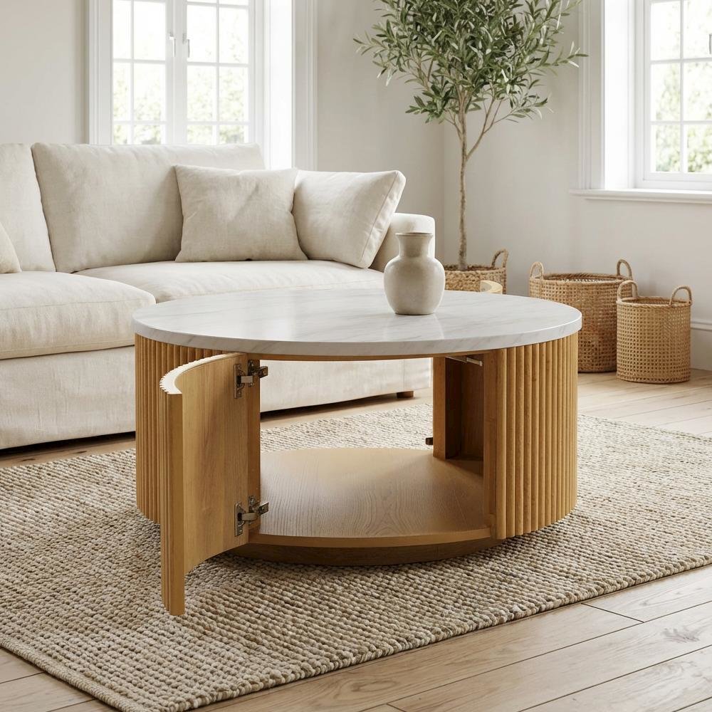 Multicolor Round Coffee Table with Storage MDF and Marble Paper Surface