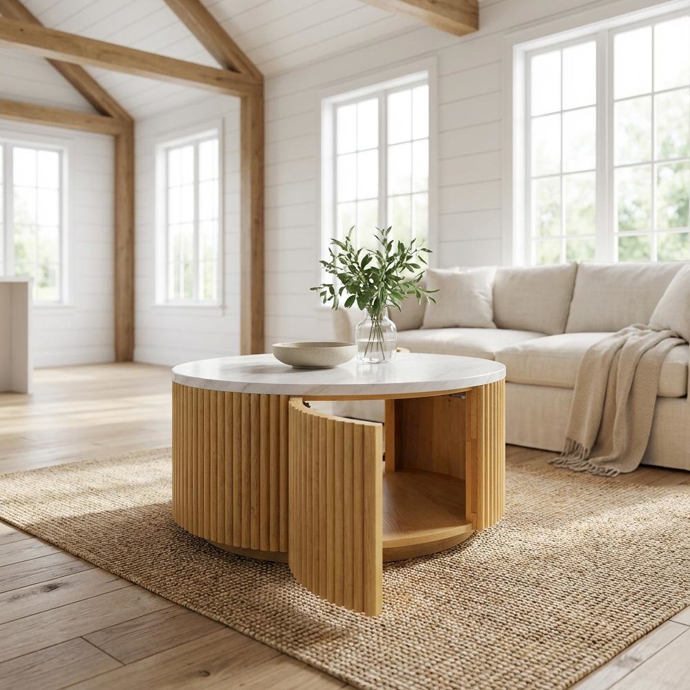 Multicolor Round Coffee Table with Storage MDF and Marble Paper Surface