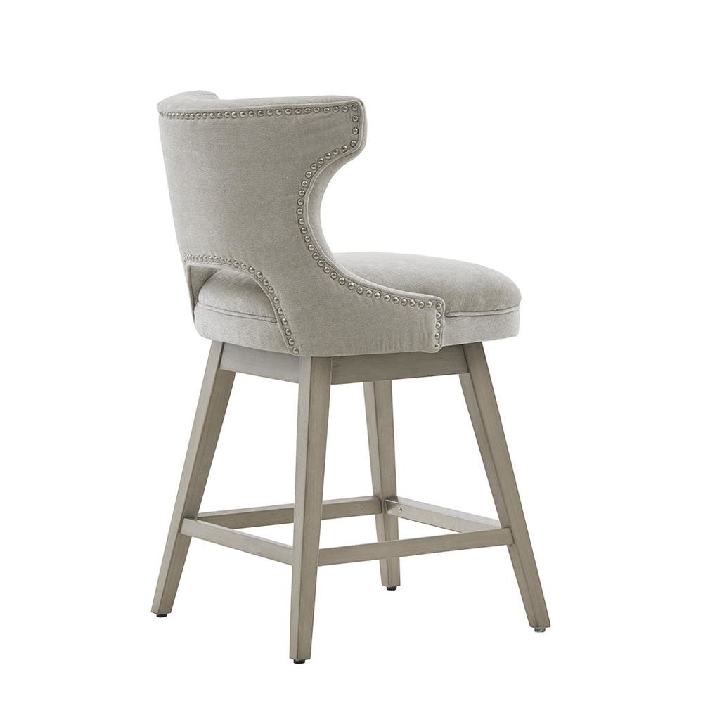 Gray Swivel Counter Stool with Solid Wood Frame and Fabric Seat