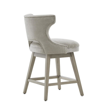 Gray Swivel Counter Stool with Solid Wood Frame and Fabric Seat