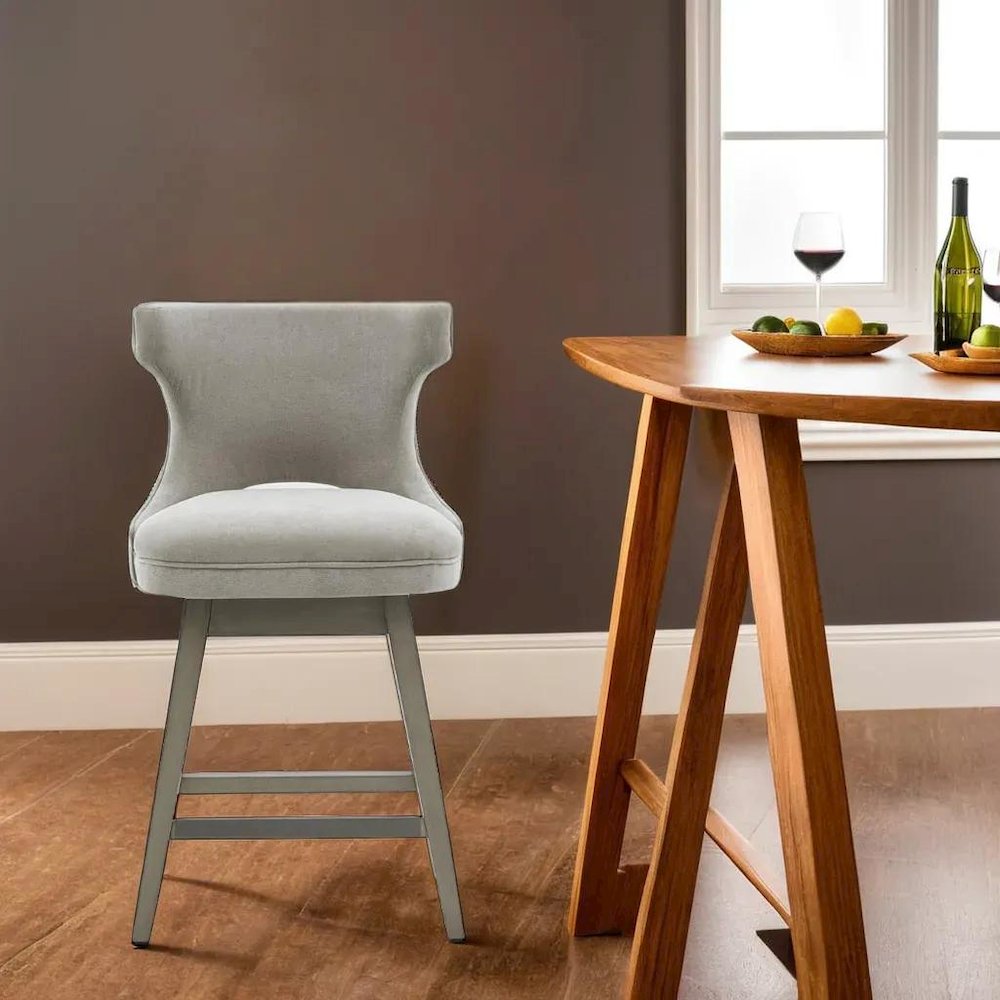 Gray Swivel Counter Stool with Solid Wood Frame and Fabric Seat