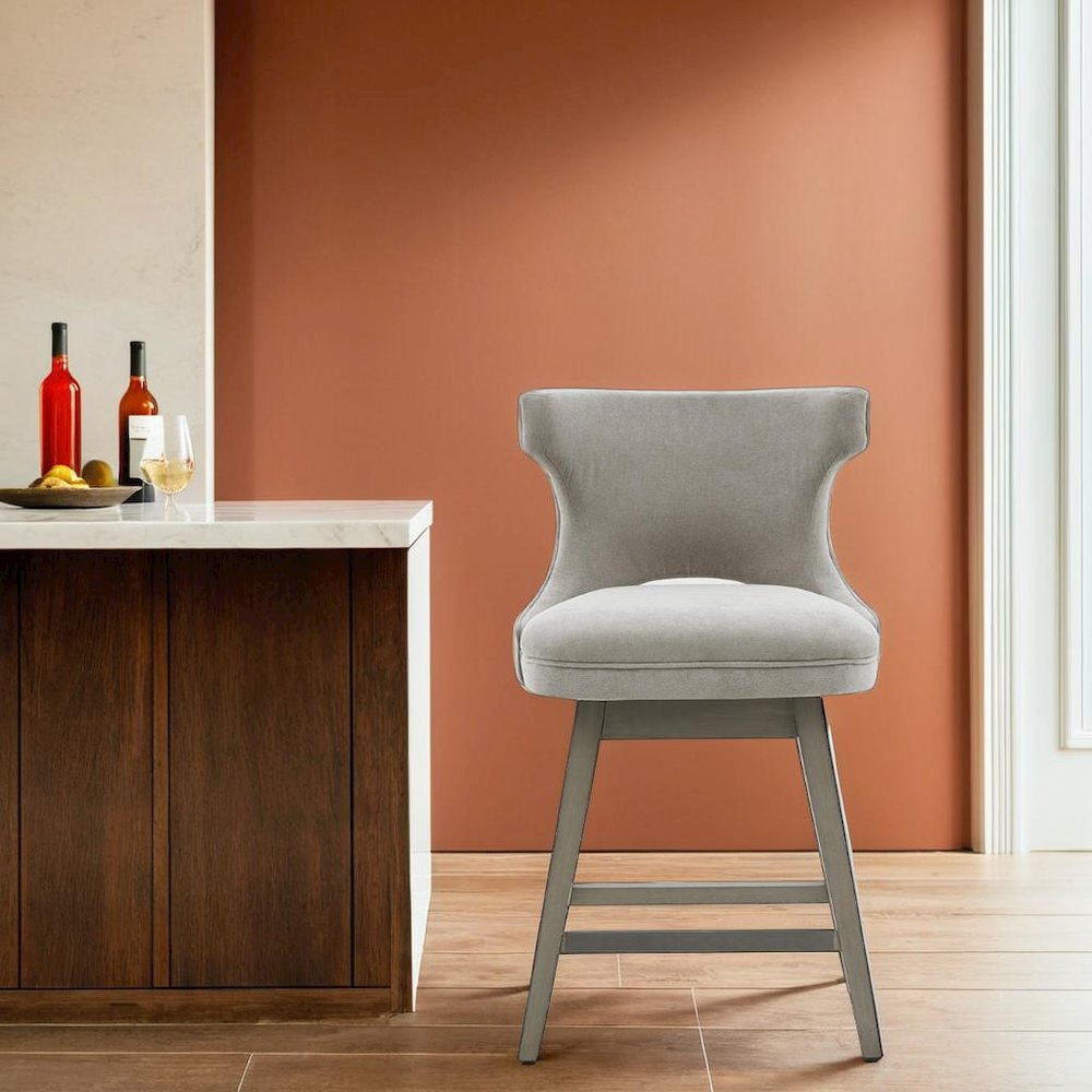 Gray Swivel Counter Stool with Solid Wood Frame and Fabric Seat