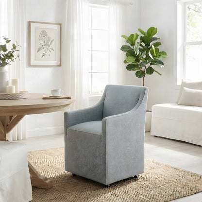 Fabric-Upholstered Skirted Dining Arm Chair with Rolling Casters, Blue