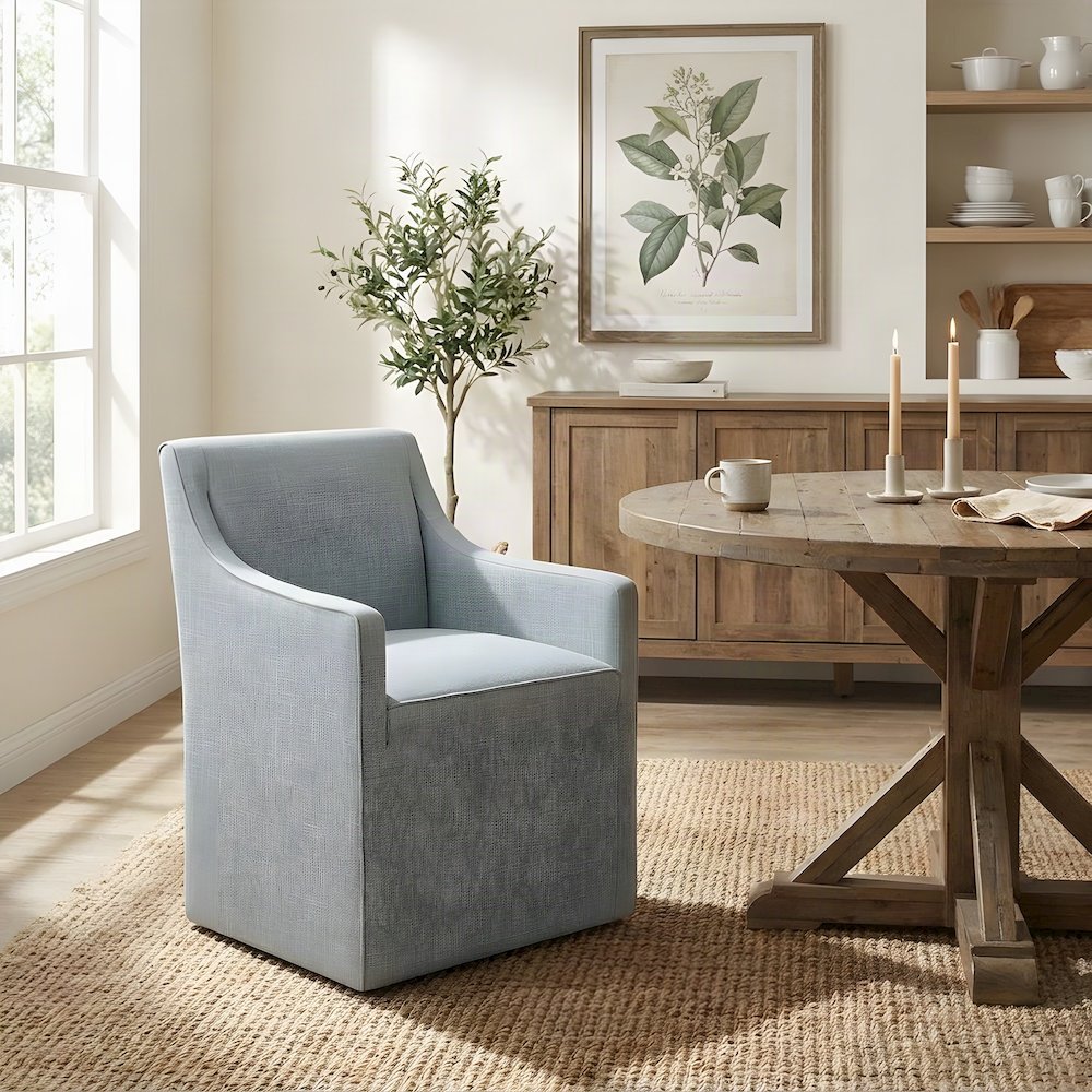 Fabric-Upholstered Skirted Dining Arm Chair with Rolling Casters, Blue