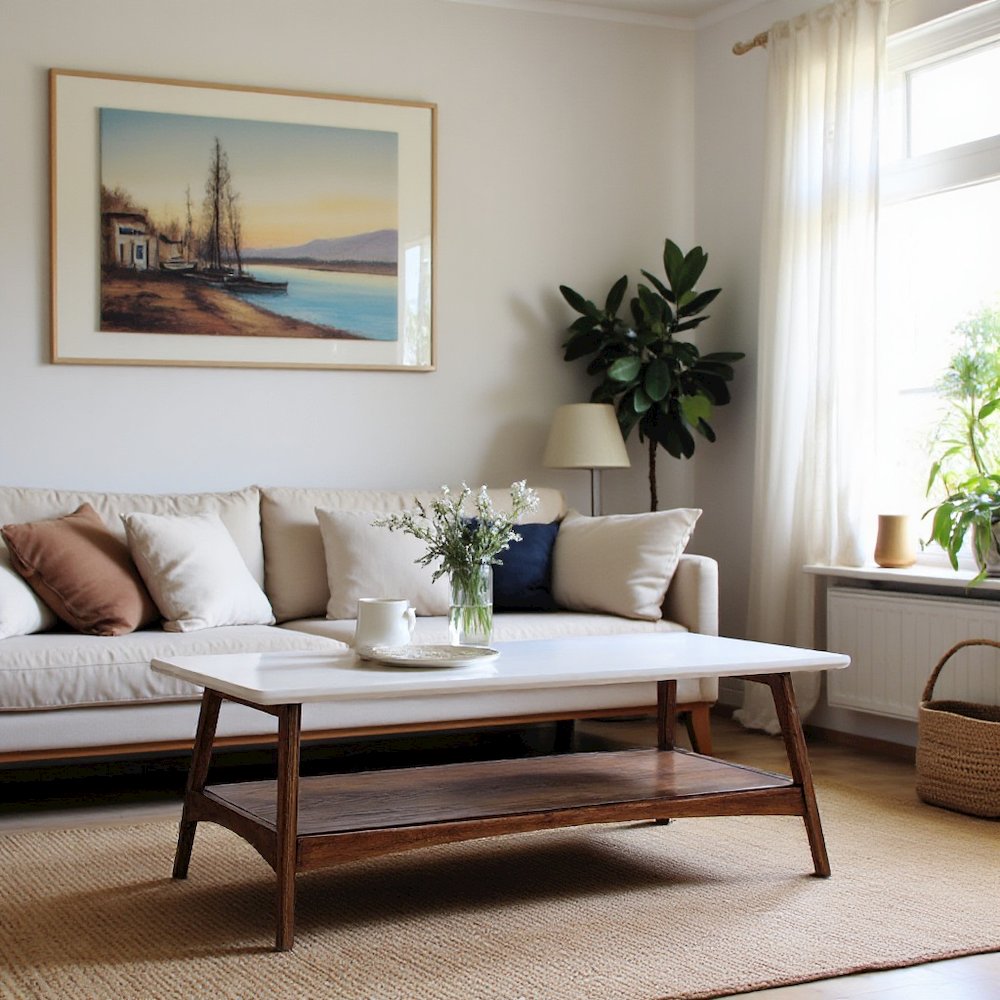 White Solid Wood Table with Storage – Contemporary Center Table for Living Room