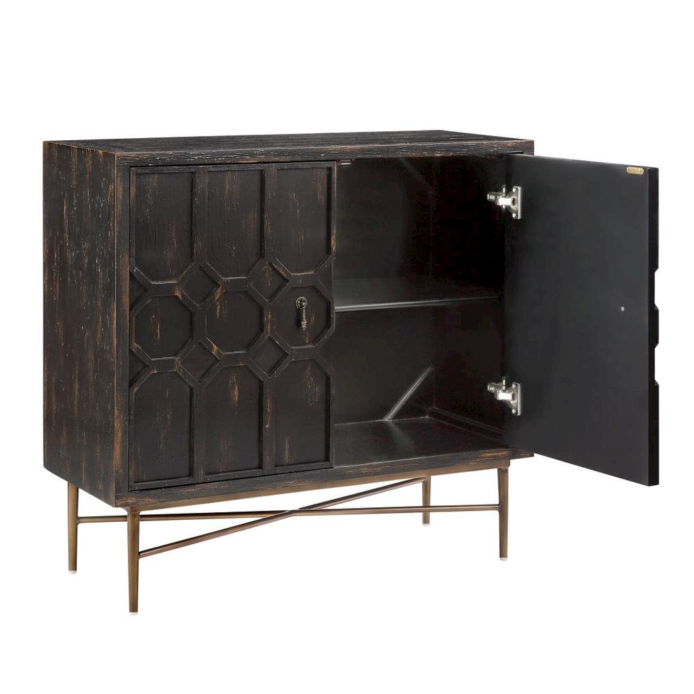 Black Accent Cabinet with 2 Doors, MDF and Metal Construction for Storage