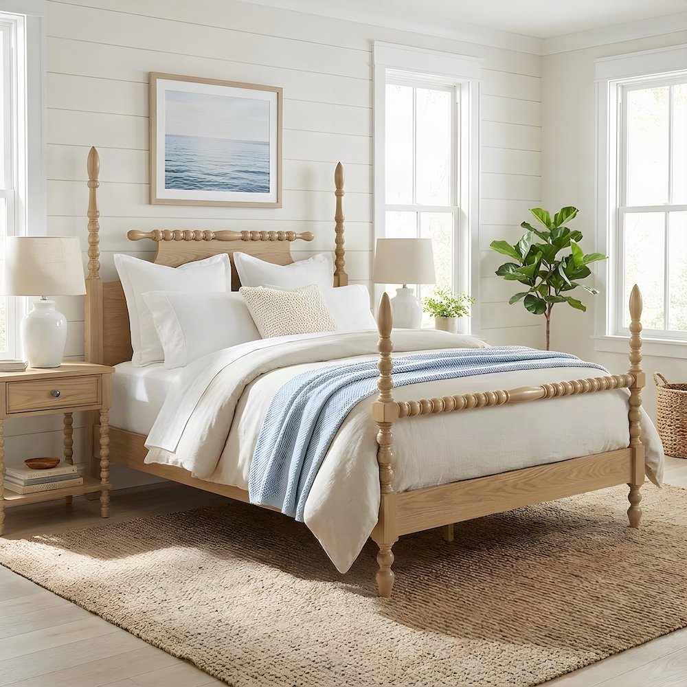 Beckett Solid Wood Queen Bed Frame with Turned Spindle Headboard, Natural