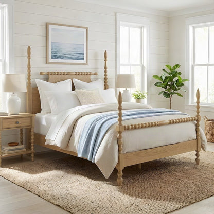 Beckett Solid Wood Queen Bed Frame with Turned Spindle Headboard, Natural