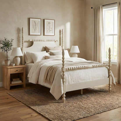 Beckett Solid Wood Full Panel Bed with Turned Spindle Design, Antique Cream