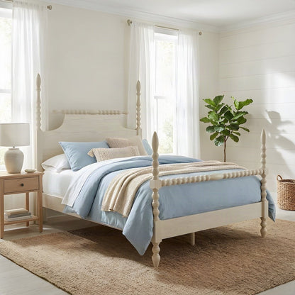 Beckett Solid Wood Full Panel Bed with Turned Spindle Design, Antique Cream