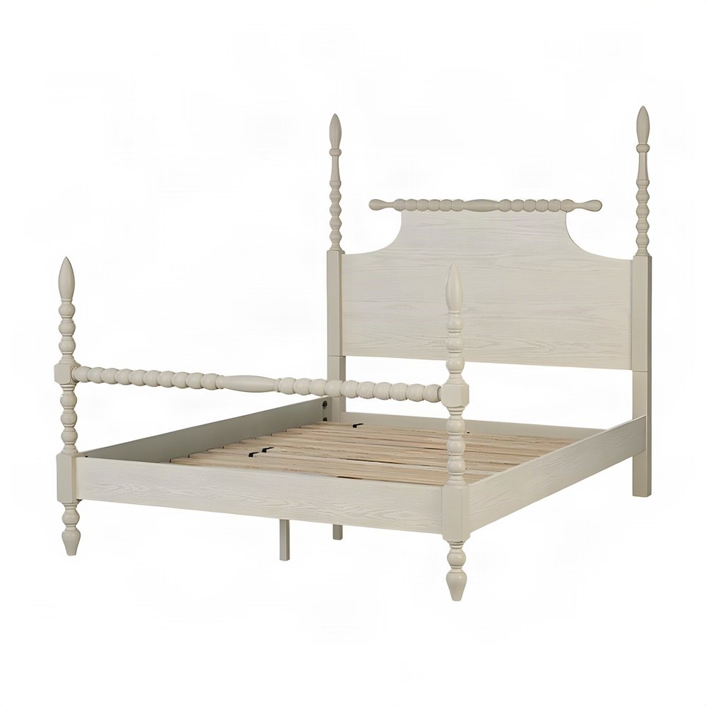 Beckett Solid Wood Full Panel Bed with Turned Spindle Design, Antique Cream