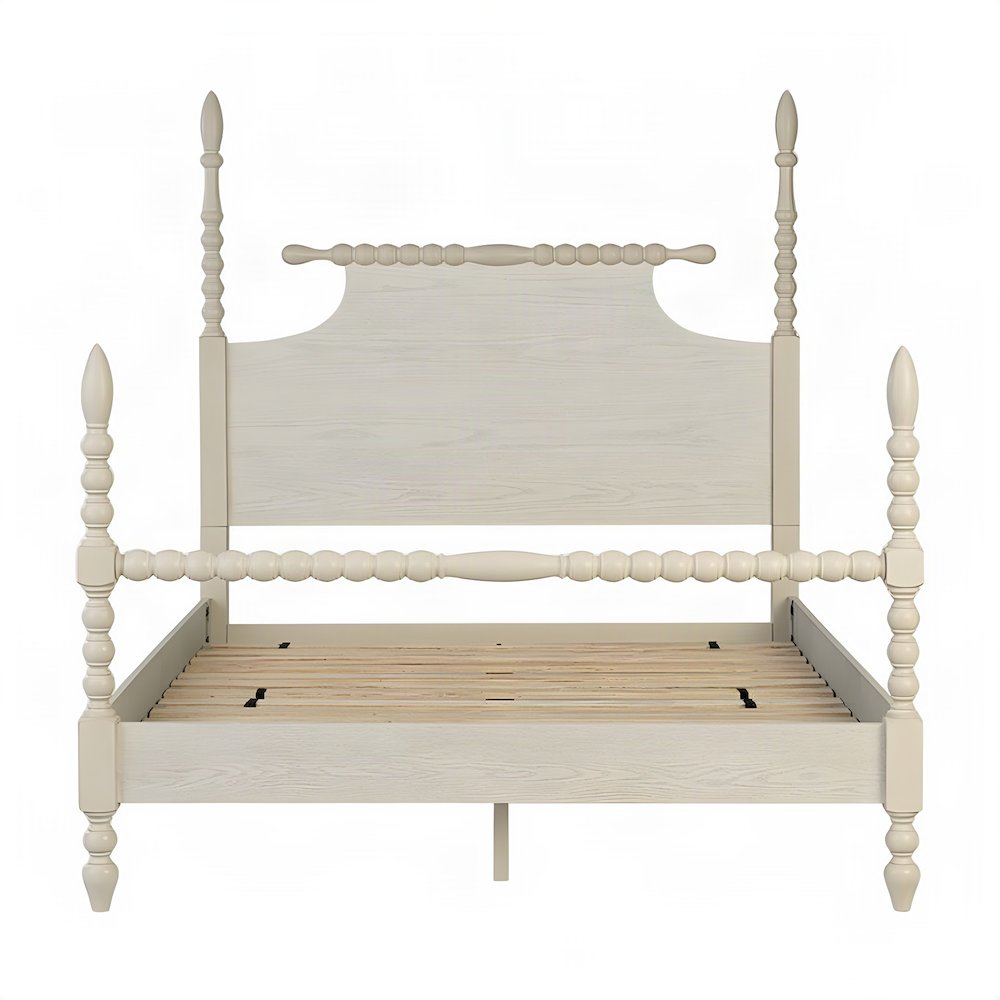 Beckett Solid Wood Full Panel Bed with Turned Spindle Design, Antique Cream