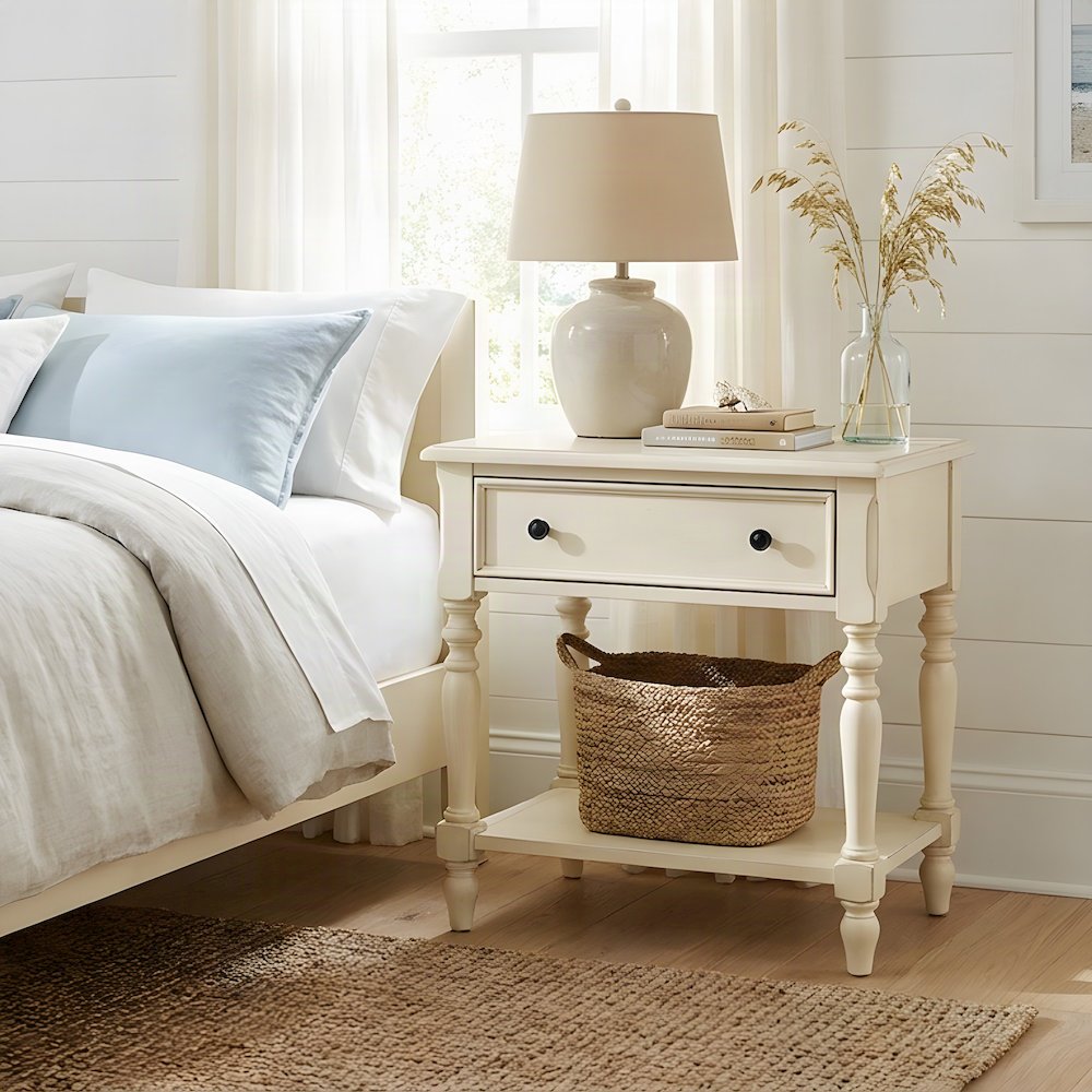 Beckett Wide Wood Veneer Nightstand with Metal Knob Drawer, Antique Cream