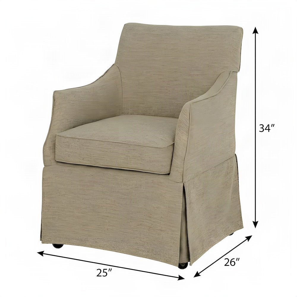 Skirted Fabric-Upholstered Dining Arm Chair with Hidden Casters, Beige