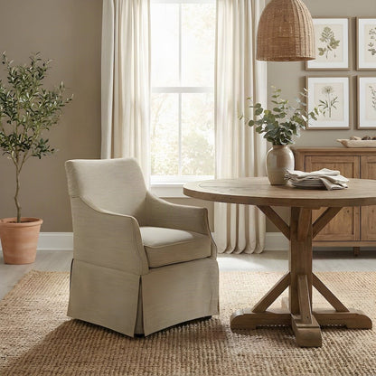 Skirted Fabric-Upholstered Dining Arm Chair with Hidden Casters, Beige