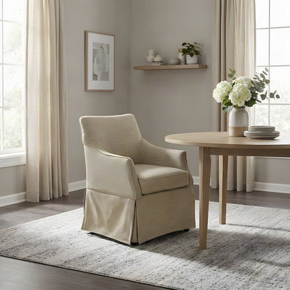 Skirted Fabric-Upholstered Dining Arm Chair with Hidden Casters, Beige