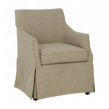 Skirted Fabric-Upholstered Dining Arm Chair with Hidden Casters, Beige