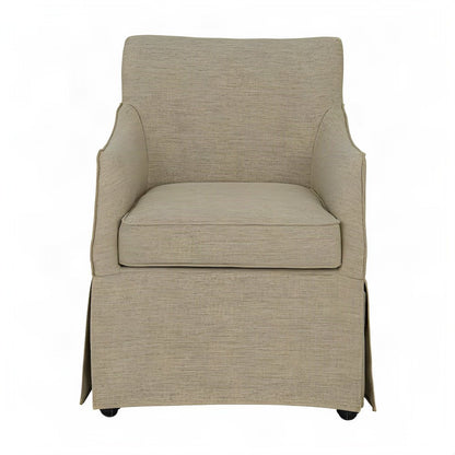 Skirted Fabric-Upholstered Dining Arm Chair with Hidden Casters, Beige