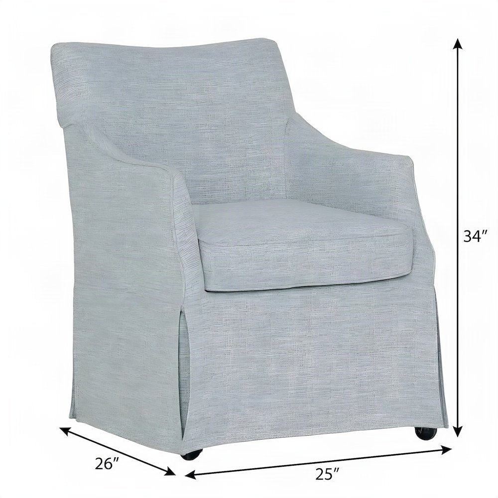 Fabric-Upholstered Skirted Dining Arm Chair with Hidden Casters, Light Blue