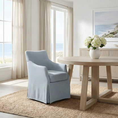Fabric-Upholstered Skirted Dining Arm Chair with Hidden Casters, Light Blue