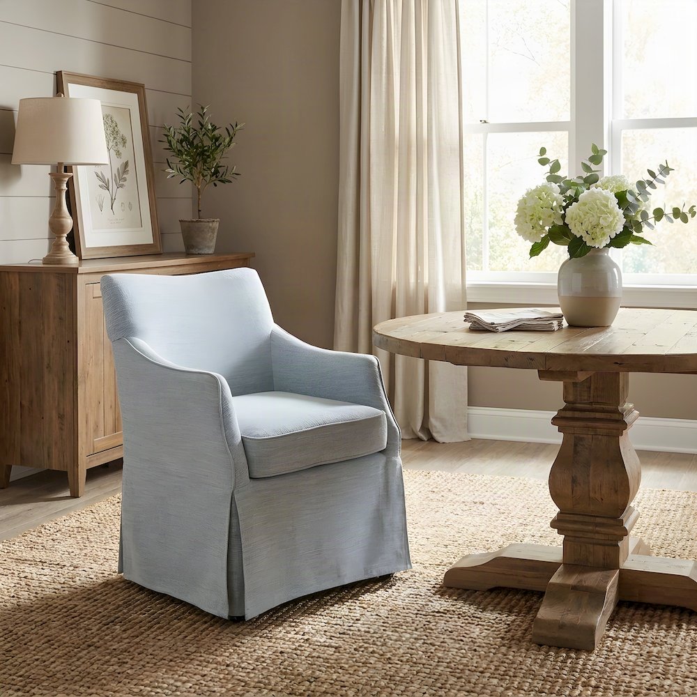 Fabric-Upholstered Skirted Dining Arm Chair with Hidden Casters, Light Blue
