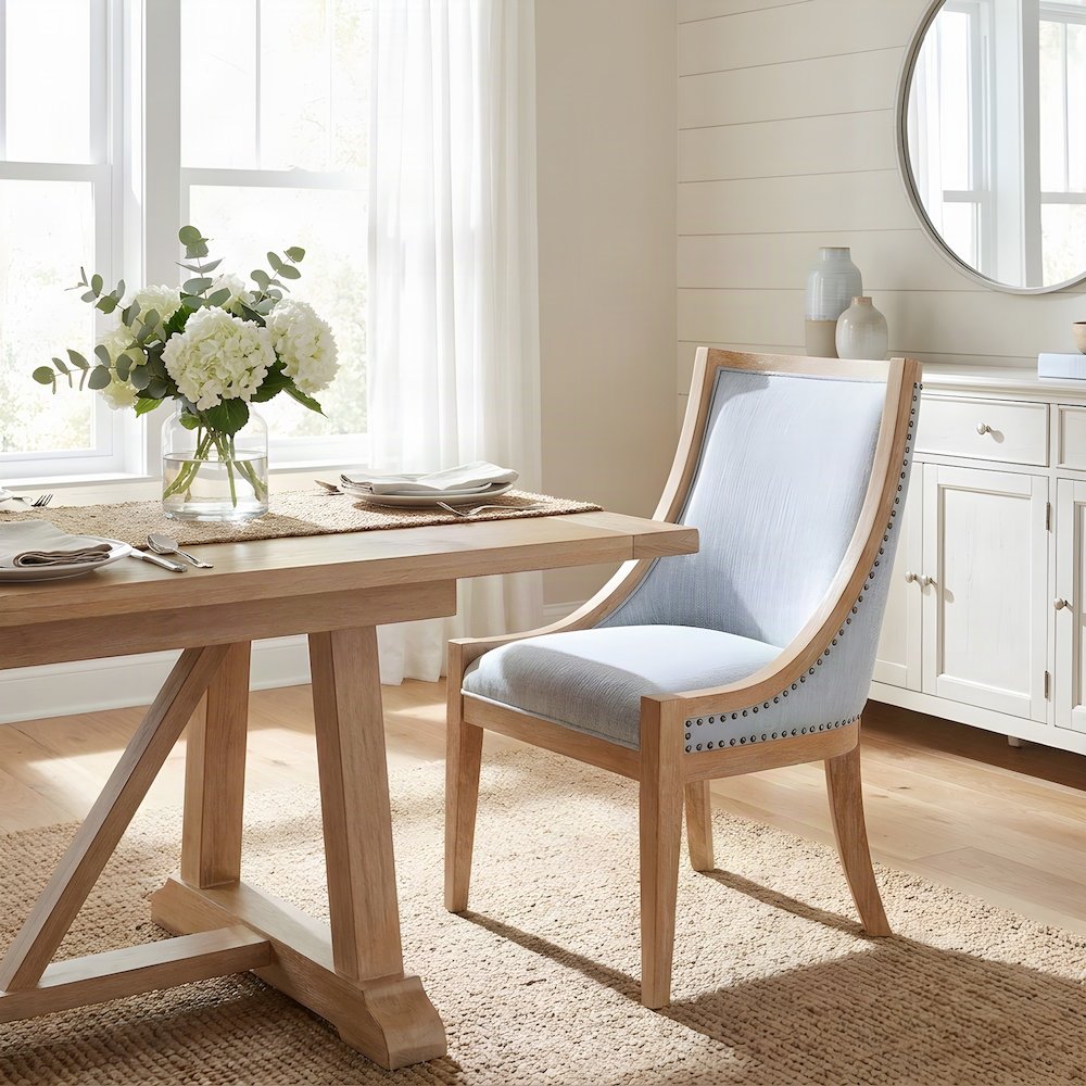 Polyester Upholstered Dining Chair with Nailhead Trim, Farmhouse, Light Blue