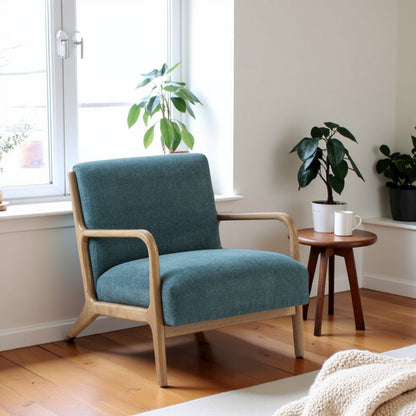 Teal Wooden Mid Century Modern Chair for Living Room, Upholstered Accent Chair