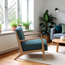 Teal Wooden Mid Century Modern Chair for Living Room, Upholstered Accent Chair