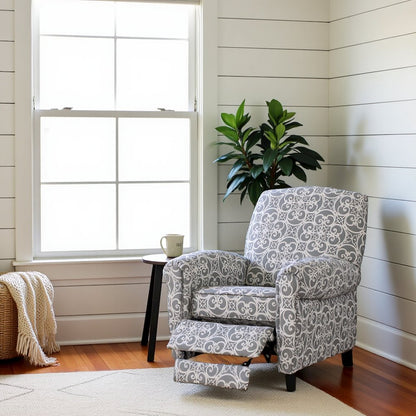 Gray Pushback Vintage Recliner Chair with Fretwork Print, Reclining Accent Chair
