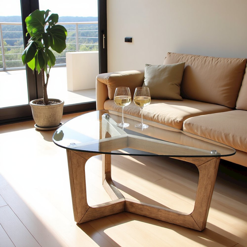 Coffee Table Modern, Glass Top with Solid Wood Frame, Rustic Living Room Table