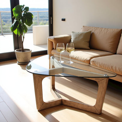 Coffee Table Modern, Glass Top with Solid Wood Frame, Rustic Living Room Table