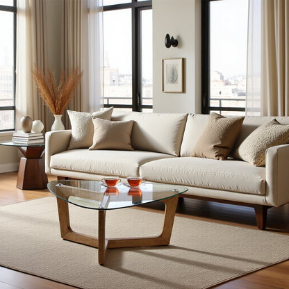 Coffee Table Modern, Glass Top with Solid Wood Frame, Rustic Living Room Table
