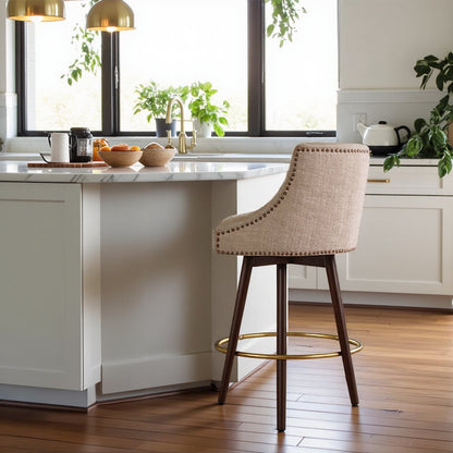 Blue Bar Height Stool, Upholstered Swivel Counter Stool with Solid Wood Frame